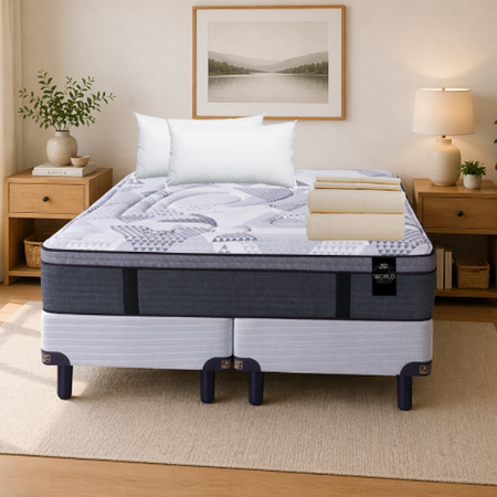 Colchón + Sommier Resortes Super Queen King Koil Luxury Pocket 160x200x30 + Almohadas + Sabana