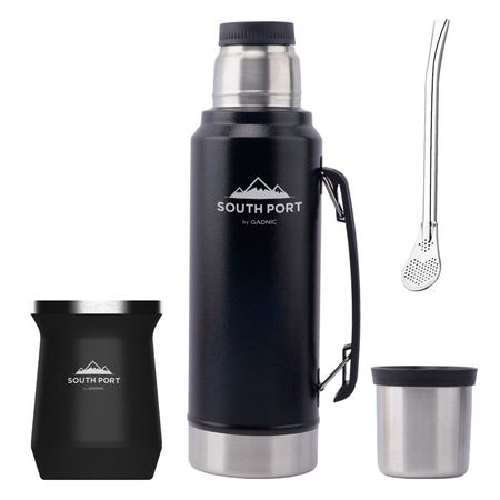 Kit de Termo Negro 1L, Mate Negro y Bombilla South Port Acero Inoxidable