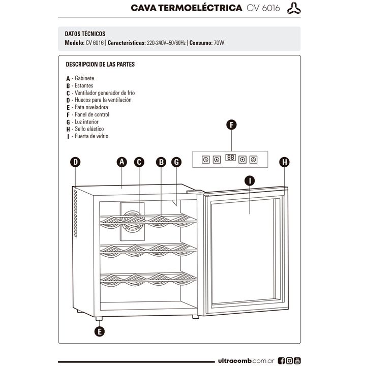 Cava de Vinos Termoeléctrica Ultracomb CV-6016 16 Botellas 50 Lts Negro - Vista 3