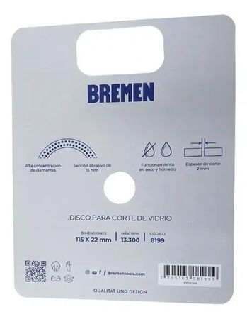 Disco de Corte Bremen para Vidrio 115mm 4.5 Pulgadas