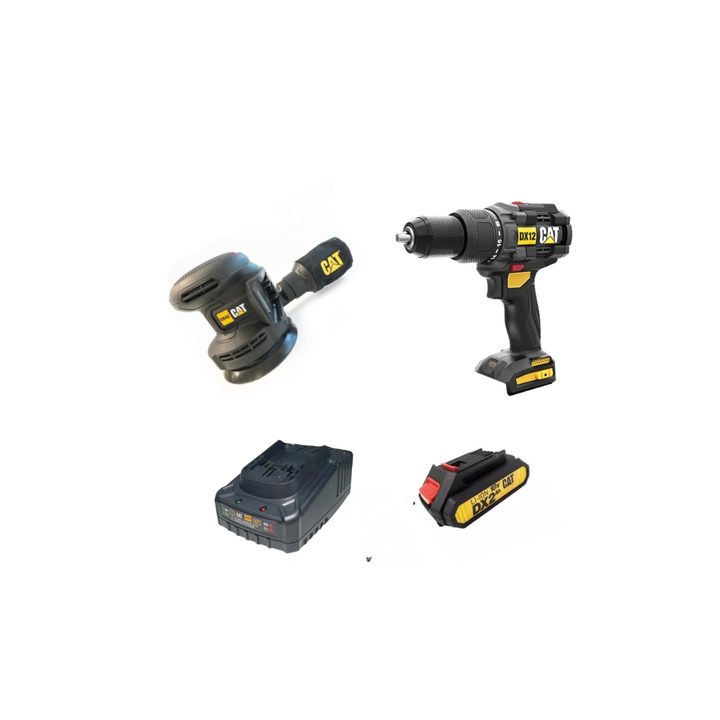 Taladro Cat Caterpillar + Lijadora Con Cargador Batería 2ah Amarillo - Vista 1