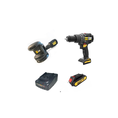 Taladro Cat Caterpillar + Lijadora Con Cargador Batería 2ah Amarillo