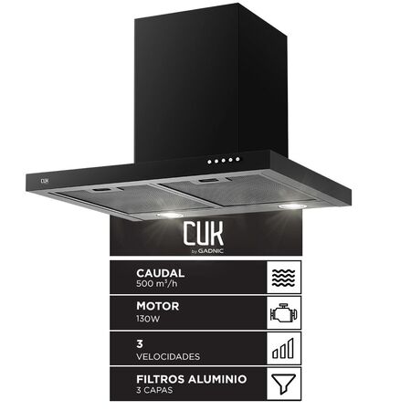 Campana Extractora CUK By Gadnic 60 cm 130W Caudal 500 m3h Acero Laminado Pintura Negra