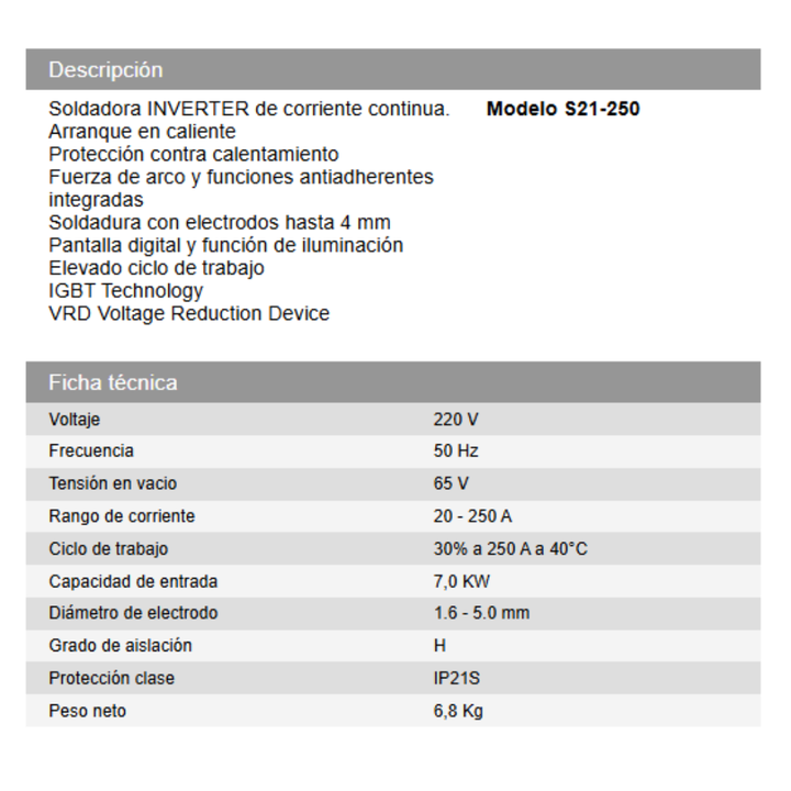 Combo Soldadora INVERTER de corriente continua 250 A + Amoladora Angular 710W - Modelos S21-250 y AA710 - Vista 2