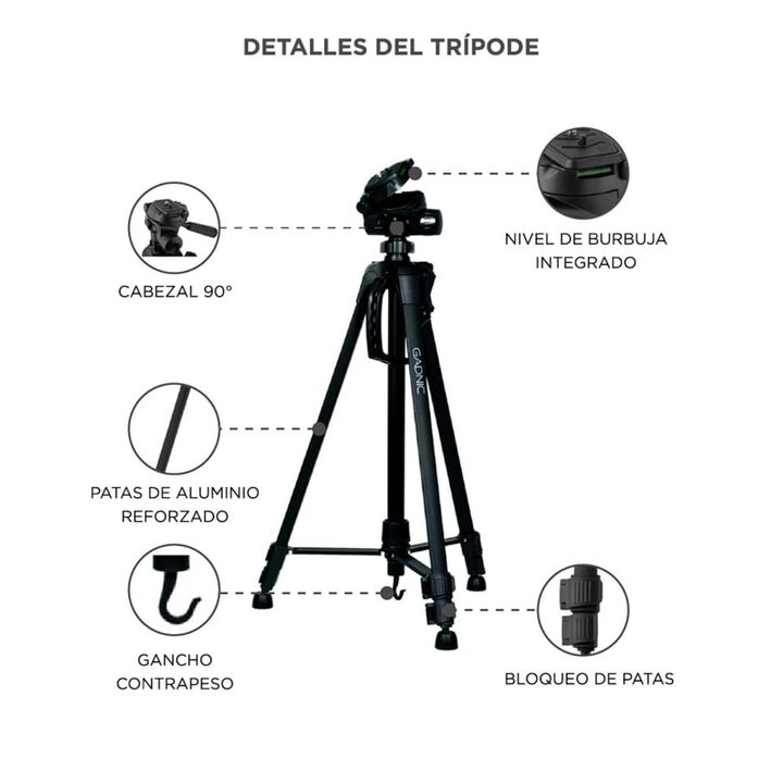 Trípode Cámara Gadnic T-3 Aluminio 140mt Cabezal 90 Bloqueo Flip Gancho Contrapeso - Vista 6