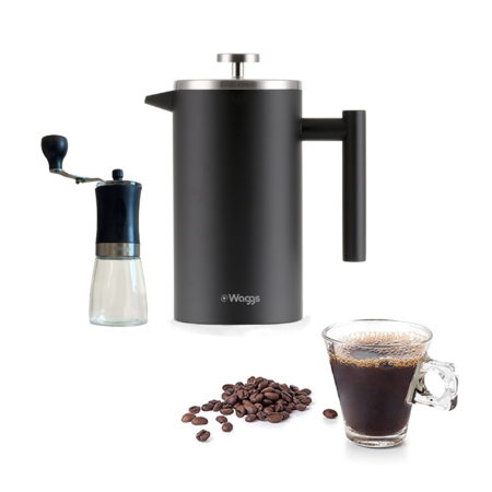 Set Cafetera Prensa Francesa Y Molinillo Manual Vidrio Waggs Negro