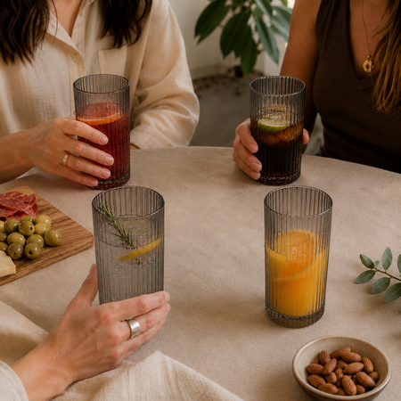 Set x 4 Vasos Vidrio Altos Grises Labrados Tragos 400 ml Aston
