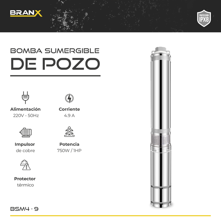 Bomba Sumergible Branx Pozo 1 Hp 4 Pulgadas 6500l/h + Cable Bsm4-9 30m - Vista 3