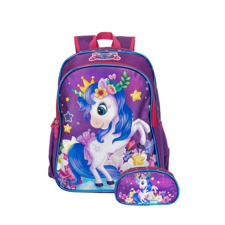 Mochila Escolar Reforzada + Cartuchera Nena Unicornio Flores Primaria