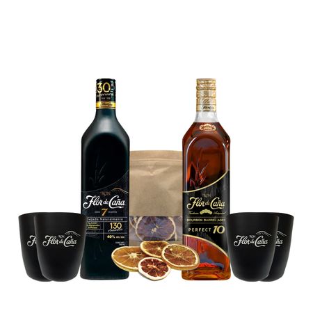 Set Ron Flor de Caña 7 Black - Flor de Caña Bourbon y 4 Vasos Con Estuche