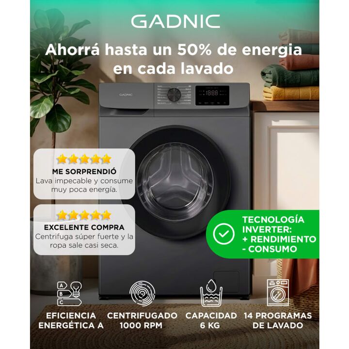 Lavarropas Gadnic 6 kg Inverter 1000 RPM 14 Programas 1850W Clase A Gris - Vista 2