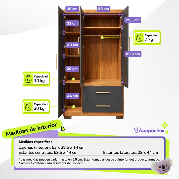 Placard Ropero Reforzado de 3 Puertas 2 Cajones Grafito Teca Maximo Fortaleza - Vista 3