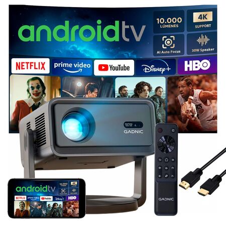 Proyector Gadnic 4K 10.000 Lúmenes AutoFocus AutoKeystone Android 12 Cable HDMI 1.5mts