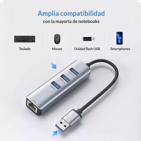 Adaptador Hub Usb A Red Rj45 Ethernet 1000mbps + 3 Usb 3.0