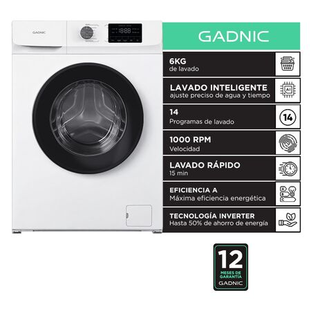Lavarropas Gadnic 6 kg Inverter 1000 RPM 14 Programas 1850W Clase A Blanco