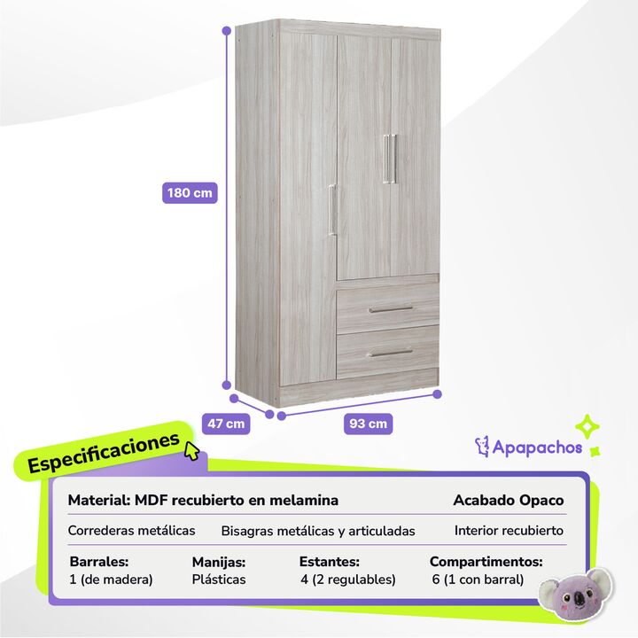 Placard Ropero Marfil 3 Puertas 2 Cajones Reforzado Maximo Fortaleza - Vista 2