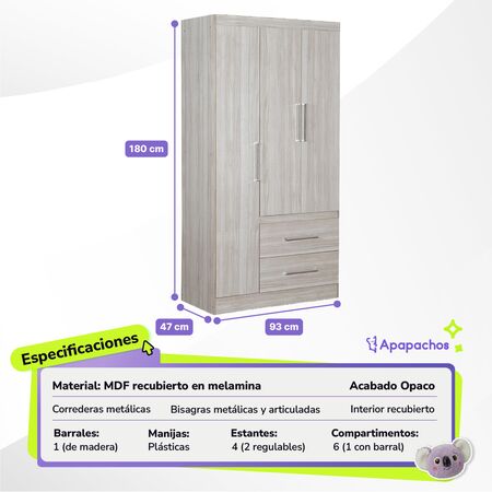 Placard Ropero Marfil 3 Puertas 2 Cajones Reforzado Maximo Fortaleza