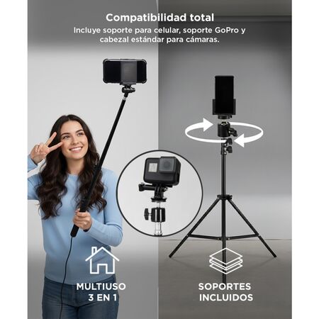 Tripode Profesional Gadnic 2,1 mts c/ Soportes para Celulares, Camaras y Fotografia