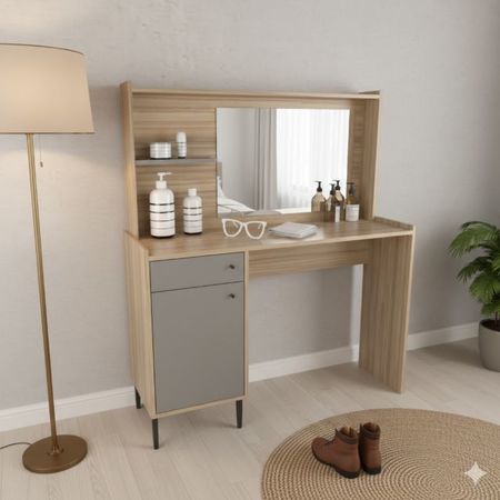 Escritorio Maquillador Tocador Con Espejo Tables 3115 Coco Bolo Gris