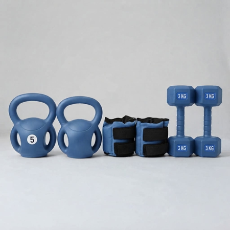 Pesa Rusa con Manijas Laterales 5 kg + Par de Tobilleras 3 kg + Par de Mancuernas 3 kg