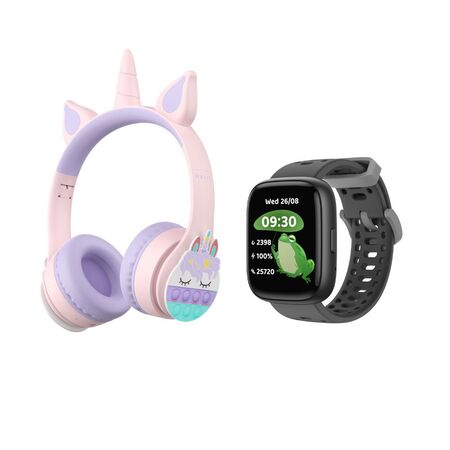Reloj Inteligente Smartwatch Noak Negro y Auriculares Unicornio Niños Havit Rosa
