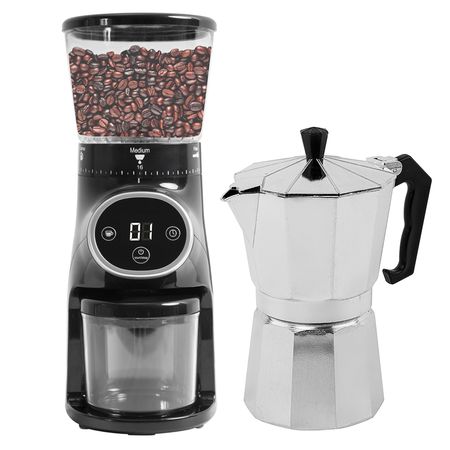 Kit Cafetera Mokka 6 Aluminio + Molinillo de Cafe Cg165 Profesional Eléctrico  