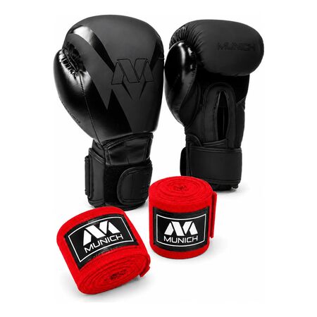Kit Boxeo Munich Guantes Rio Profesional + Vendas Band 5m 14 Negro