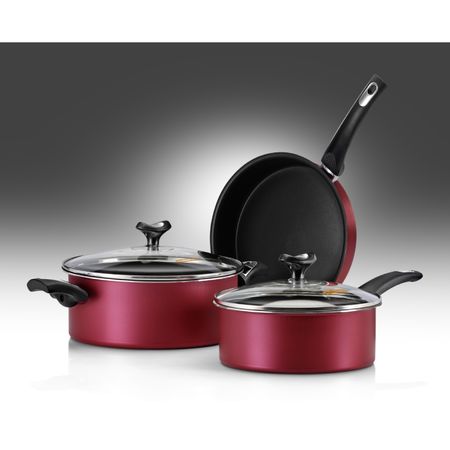 SET 5 PIEZAS MARMICOC -SABORES (CACEROLA C/TAPA 24CM, OLLA C/TAPA 20CM, SARTEN 24CM) ROJO Y NEGRO