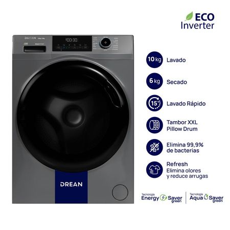 Lavasecarropas DREAN LSCDR1006SG0 10kg 1400RPM inverter 6kg secado por calor gris