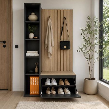 Recibidor Funcional DS Home con Estantes Olmo Negro 94x180x36 cm