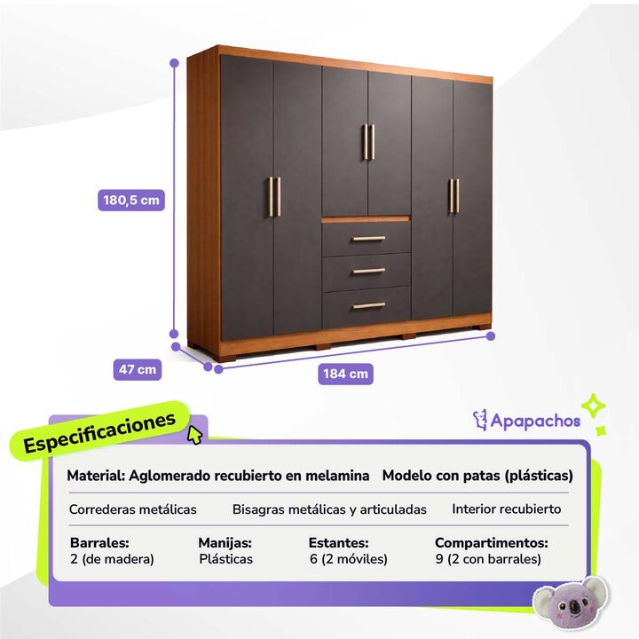 Placard Ropero Reforzado de 6 Puertas 3 Cajones Grafito Teca Maximo Fortaleza - Vista 3