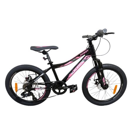 Bicicleta Raleigh Rowdy D / Negro/Rosa / Frenos a disco mecánicos / Cuadro de aluminio / 7Vel. / Rodado 20".