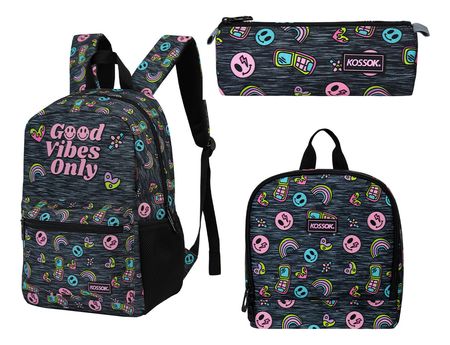 Mochila Escolar Kossok Musty + Lunchera + Cartuchera + Stick Gris rosa