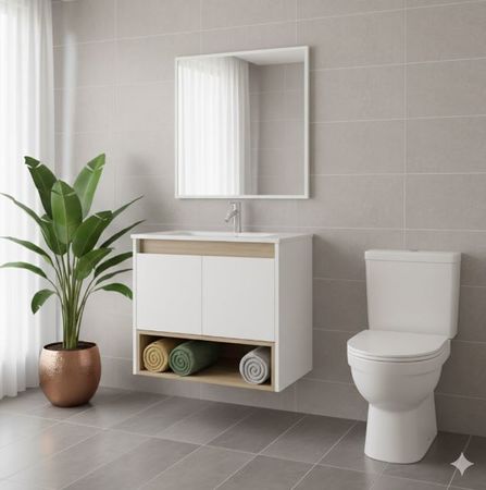 Vanitory Mueble De Baño Flotante Con Bacha 60cm 2 Puertas Tables 3182 Olmo Blanco