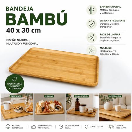 Bandeja Bambu 40x30 cm Multiuso Cocina Desayuno Hogar