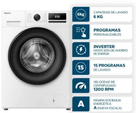 Lavarropas Automático Philco PHLF64BN Inverter 6Kg 1200Rpm Blanco