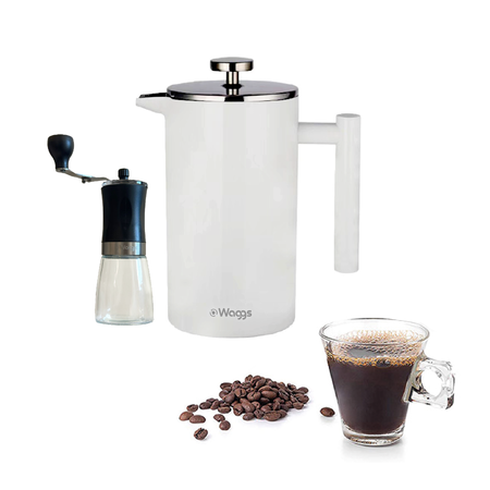 Set Cafetera Prensa Francesa Y Molinillo Manual Vidrio Waggs Crema