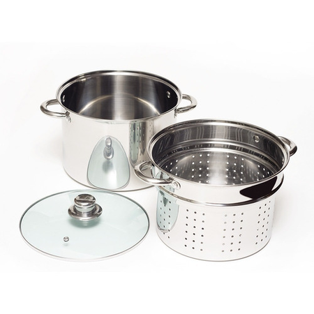 Olla Spaguetera 24 cm Acero Inoxidable con Colador y Tapa de Vidrio