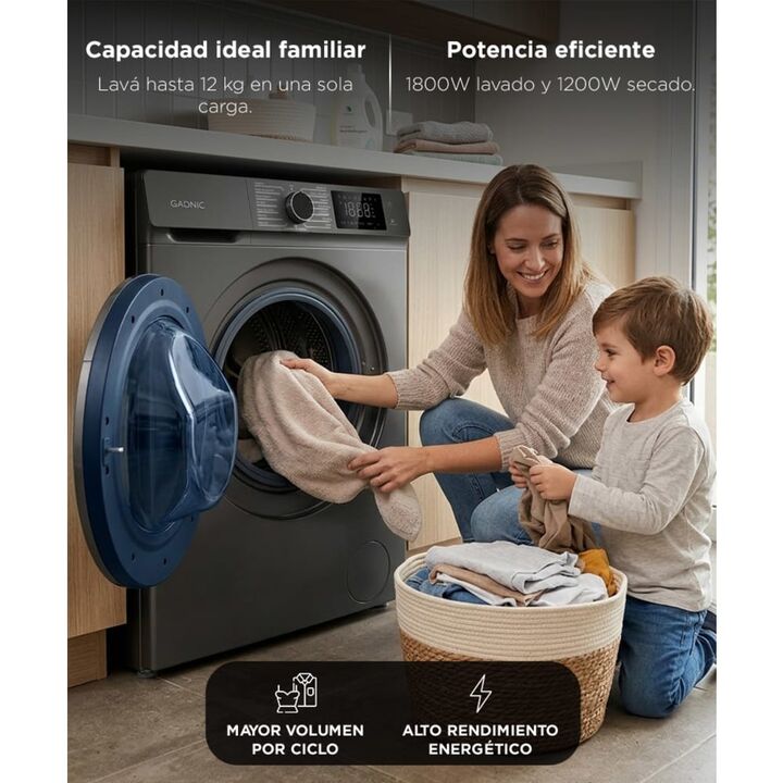 Lavasecarropas Gadnic 12Kg Lavado 8Kg Secado 1200RPM Inverter Automatico Frontal 1800W - Vista 3