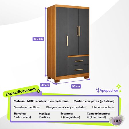 Placard Ropero Reforzado de 3 Puertas 2 Cajones Grafito Teca Maximo Fortaleza