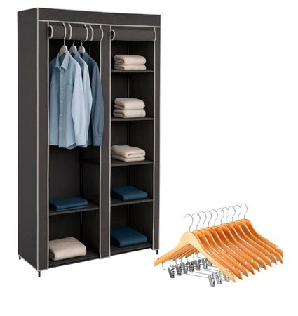 Guardarropa Tela + 10 Perchas Madera C/Broches Hogar Actual