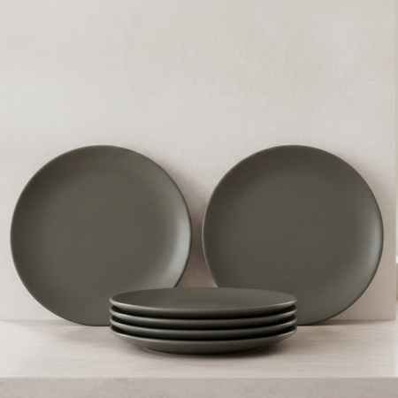 Set x6 Platos Playos Diarios 26cm Ceramica Gris Oscuro Mate