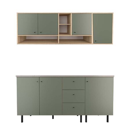 COMBO DE MUEBLE BAJO MESADA Y ALACENA DE 180 CM MELAMINA VERDE SAFARI JOUMELA