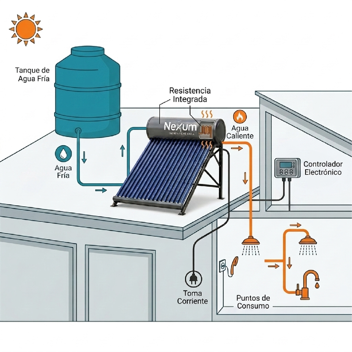 Termotanque Solar Nexum Termosifónico 100 Litros Acero Inoxidable con Resistencia Eléctrica y Controlador - Vista 5
