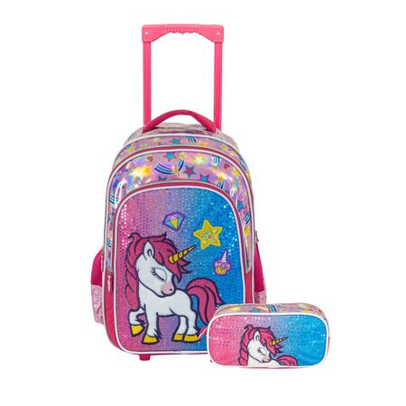Mochila Escolar Reforzada + Cartuchera Nena Kawaii Unicornio Peluche