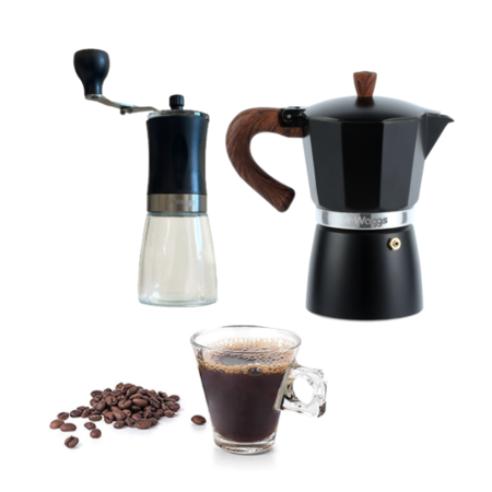 Set Cafetera Moka Italiana Más Molinillo Manual Vidrio Waggs Negro