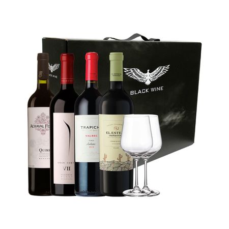 Vino Tinto Set Blends Premiados Seleccion x 4 y 2 Copas Con Estuche