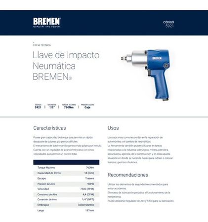 Pistola de Impacto Neumatica Bremen 1/2 Pulgada Reforzada