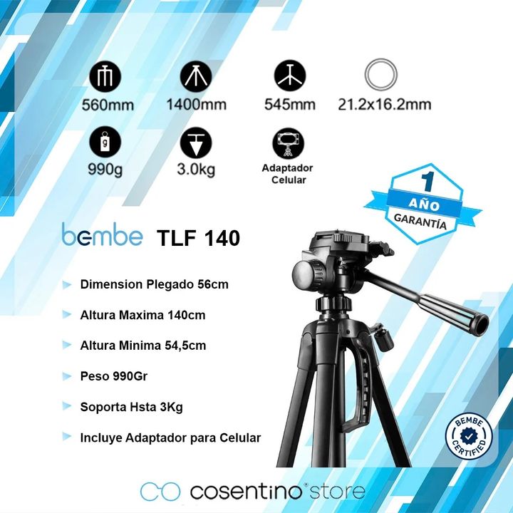 TRIPODE BEMBE PARA FOTOGRAFIA TLF140 CON ADAPTADOR PARA SMARTPHONE - Vista 2