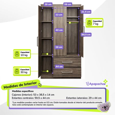 Placard Ropero Dakota 3 Puertas 2 Cajones Reforzado Maximo Fortaleza